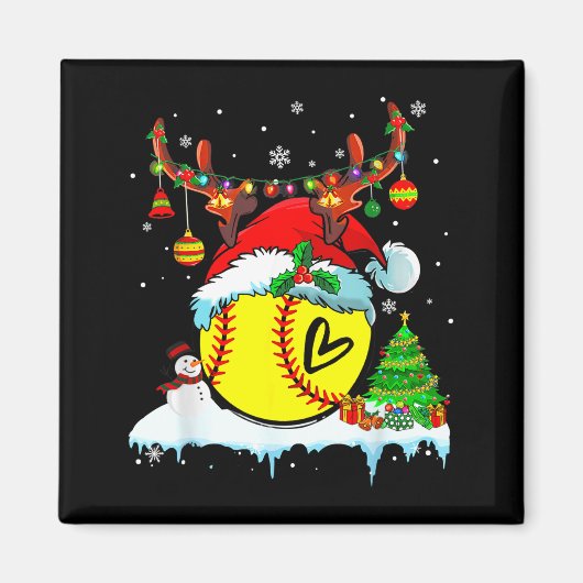 Funny Softball Christmas Reindeer Santa Hat Lights Magneet (Voorkant)