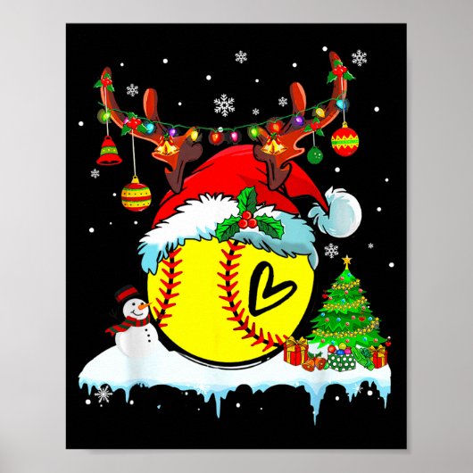 Funny Softball Christmas Reindeer Santa Hat Lights Poster (Voorkant)