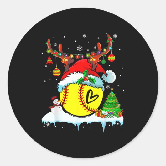 Funny Softball Christmas Reindeer Santa Hat Lights Ronde Sticker (Voorkant)