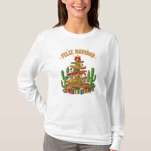 Funny Sombrero Stack Christmas Tree Feliz Navidad T-shirt (Voorkant)