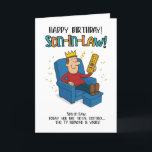 Funny Son-in-Law Kaart - King of the Remote<br><div class="desc">Bekroond en comfortabel - precies hoe je schoonzoon het leuk vindt! Dit grappige wenskaart show hem regeren de afstandsbediening van zijn royal recliner. Het is de perfecte sarcastische knipoog naar bankdominantie en in-law hiërarchie. Geweldig voor verjaardagen of gewoon omdat hij de troon heeft verdiend (of geclaimd).</div>