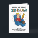 Funny Son-in-Law Kaart - King of the Remote<br><div class="desc">Bekroond en comfortabel - precies hoe je schoonzoon het leuk vindt! Dit grappige wenskaart show hem regeren de afstandsbediening van zijn royal recliner. Het is de perfecte sarcastische knipoog naar bankdominantie en in-law hiërarchie. Geweldig voor verjaardagen of gewoon omdat hij de troon heeft verdiend (of geclaimd).</div>