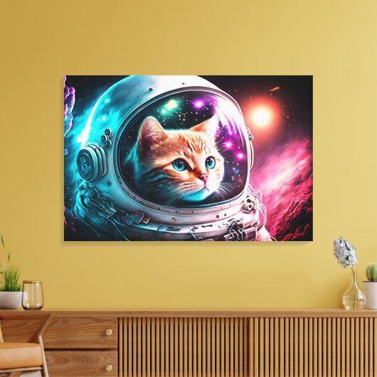 Funny Space Cat Astronaut Kat Galaxy Universe Canvas Afdruk (Insitu (Woonkamer))