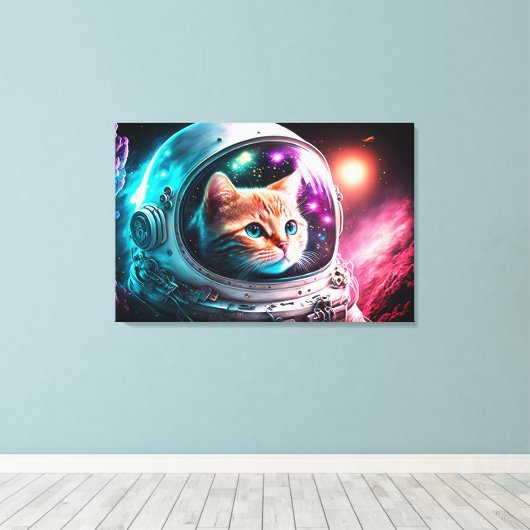 Funny Space Cat Astronaut Kat Galaxy Universe Canvas Afdruk (Insitu (Houten vloer))