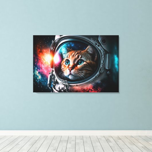 Funny Space Cat Astronaut Kat Galaxy Universe Canvas Afdruk (Insitu (Houten vloer))