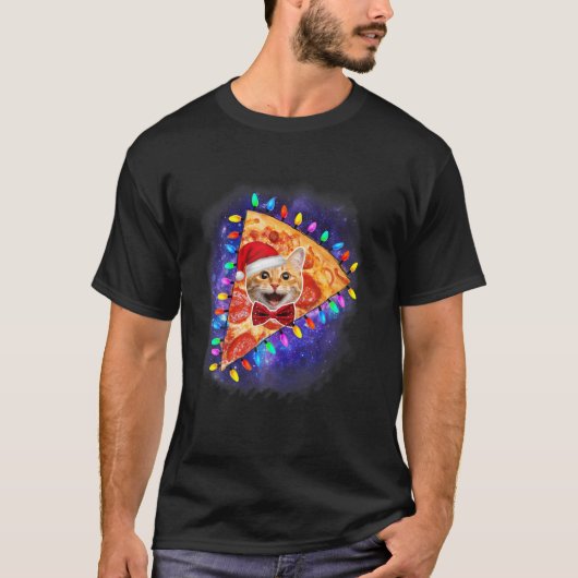 Funny Space Cat in a Pizza Galaxy Kitten Santa Hat T-shirt (Voorkant)