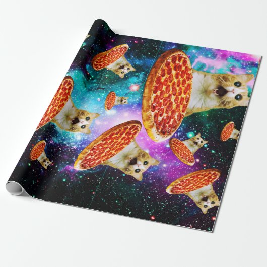 Funny Space pizzakat Cadeaupapier (Uitgerold)