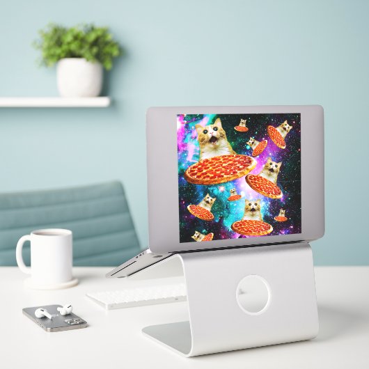 Funny Space pizzakat Sticker (Laptop op bureau)