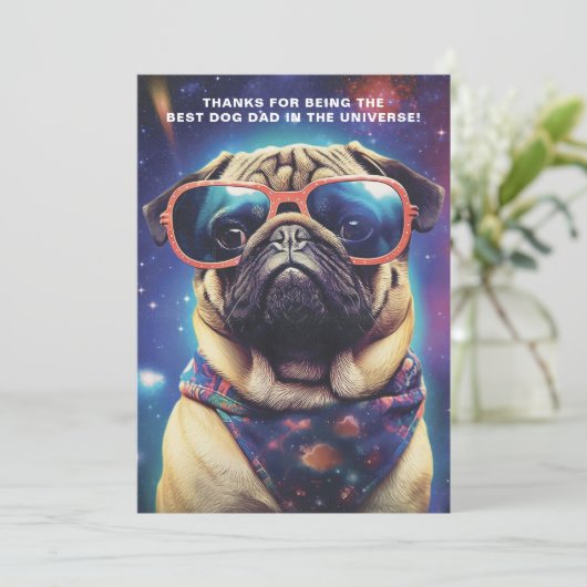 Funny Space Pug met zonnebril Vaderdag Feestdagenkaart (Staand voorkant)