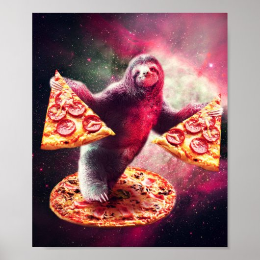 Funny Space Sloth met Pizza Poster (Voorkant)