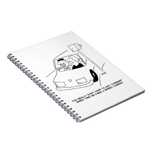 Funny Speed Camera Cartoon Shows Man Driving Notitieboek (Rechterzijde)