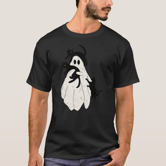 Funny Spooky Ghost Hold Black Cat Halloween Men Wo T-shirt (Voorkant)
