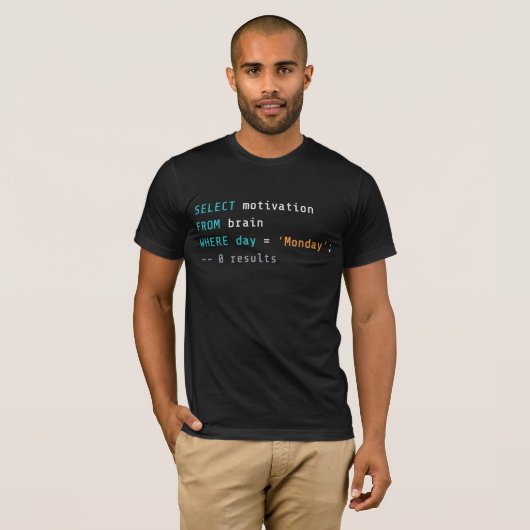 Funny SQL Monday Motivation Programmer Joke T-shirt (Voorkant volledig)