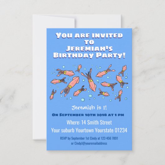 Funny squid school met bubbels cartoon kaart (Voorkant)