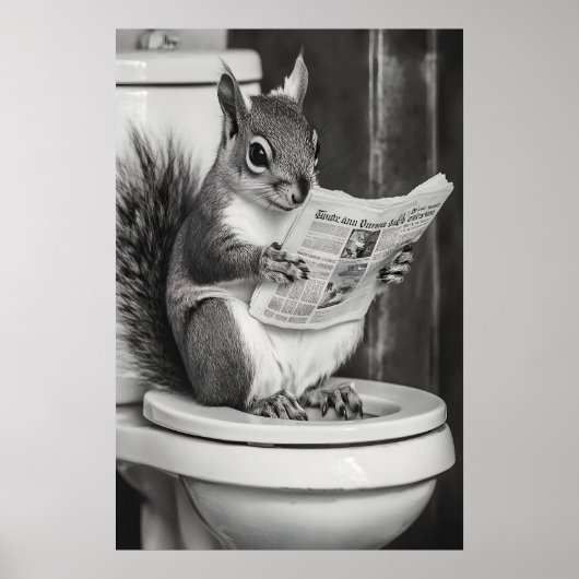 Funny Squirrel Bathroom Print, Reading Newspaper Poster (Voorkant)