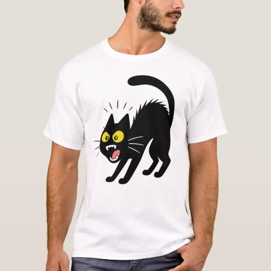 Funny Startled Black Cat Cartoon Illustration T-shirt (Voorkant)