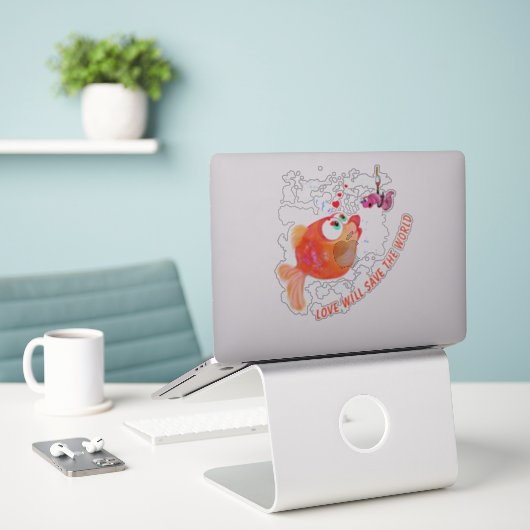 Funny Sticker met Fish and Worm - Fun (Laptop op bureau)