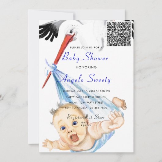Funny Stork Baby shower Uitnodiging met QR Code (Voorkant)