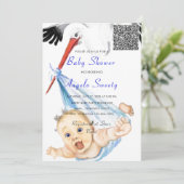 Funny Stork Baby shower Uitnodiging met QR Code (Staand voorkant)