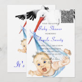 Funny Stork Baby shower Uitnodiging met QR Code (Voorkant / Achterkant)