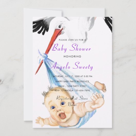Funny Stork Carrying Baby shower Invitation (Voorkant)
