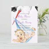 Funny Stork Carrying Baby shower Invitation (Staand voorkant)
