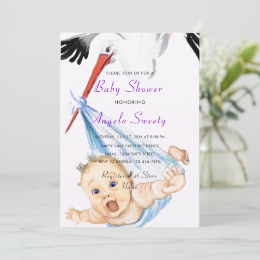 Funny Stork Carrying Baby shower Invitation (Staand voorkant)