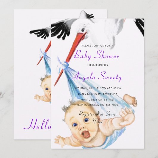 Funny Stork Carrying Baby shower Invitation (Voorkant / Achterkant)