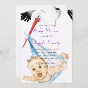 Funny Stork Carrying Baby shower Invitation