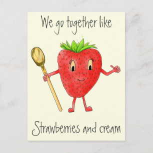 Funny Strawberry & Cream Quirky Cartoon Love Art Briefkaart