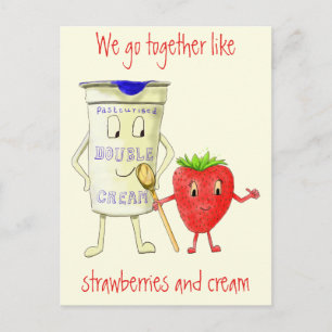 Funny Strawberry & Cream Quirky Cartoon Love Art Briefkaart