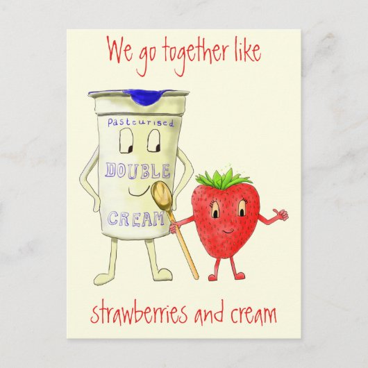 Funny Strawberry & Cream Quirky Cartoon Love Art Briefkaart (Voorkant)