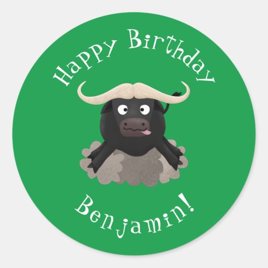 Funny stromend water buffalo cartoon ronde sticker (Voorkant)