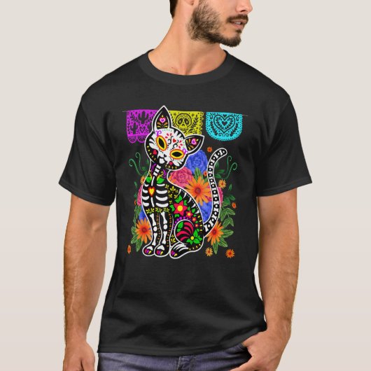 Funny Sugar Skull Calavera Kat Dia de Muertos Fees T-shirt (Voorkant)