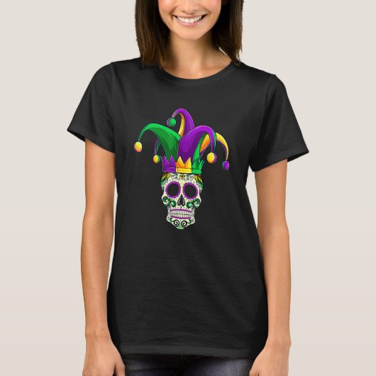 Funny Sugar Skull Jester Mardi Gras Party Men Wome T-shirt (Voorkant)