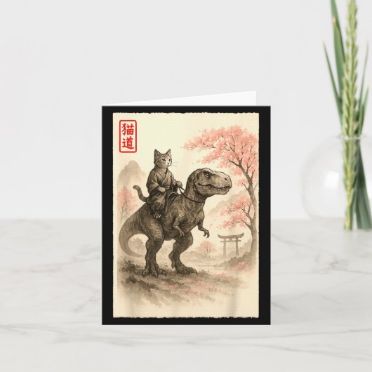 Funny Sumi-e Kawaii Cat Riding Dinosaur Japanese A Kaart (Voorkant)