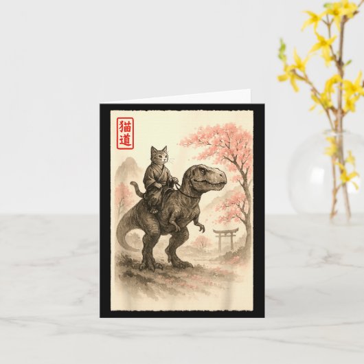 Funny Sumi-e Kawaii Cat Riding Dinosaur Japanese A Kaart (Gele Bloem)