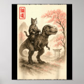 Funny Sumi-e Kawaii Cat Riding Dinosaur Japanese A Poster (Voorkant)