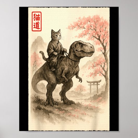 Funny Sumi-e Kawaii Cat Riding Dinosaur Japanese A Poster (Voorkant)