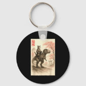 Funny Sumi-e Kawaii Cat Riding Dinosaur Japanese A Sleutelhanger (Voorkant)