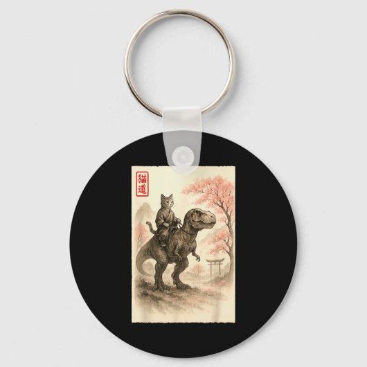 Funny Sumi-e Kawaii Cat Riding Dinosaur Japanese A Sleutelhanger (Voorkant)