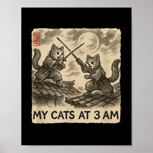 Funny Sumi-e Kawaii Ink Painting Japanese My Cats  Poster (Voorkant)