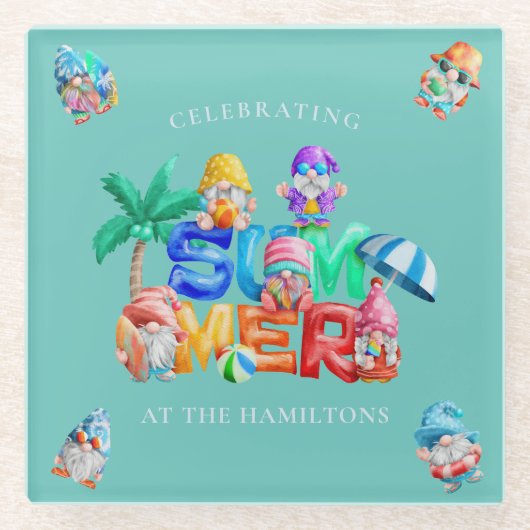 Funny Summer Gnomes Waterverf Glazen Onderzetter (Voorkant)