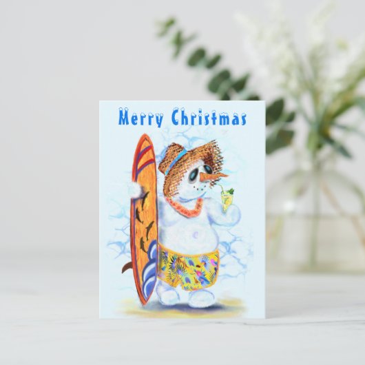 Funny Summer Snowman Surfer Drinken Fresh Cocktail Briefkaart (Staand voorkant)