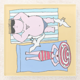 Funny Sunbathers in Beach Hand Drawn Art Glazen Onderzetter