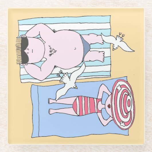 Funny Sunbathers in Beach Hand Drawn Art Glazen Onderzetter (Voorkant)