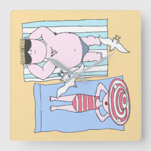 Funny Sunbathers in Beach Hand Drawn Art Vierkante Klok
