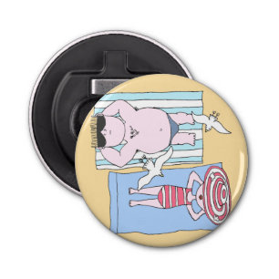 Funny Sunbathing Couple Cartoon Seaside Art Button Flesopener