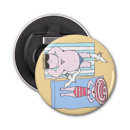 Funny Sunbathing Couple Cartoon Seaside Art Button Flesopener (Voorkant)