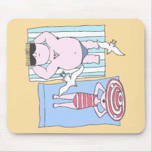 Funny Sunbathing Couple Cartoon Seaside Art Muismat